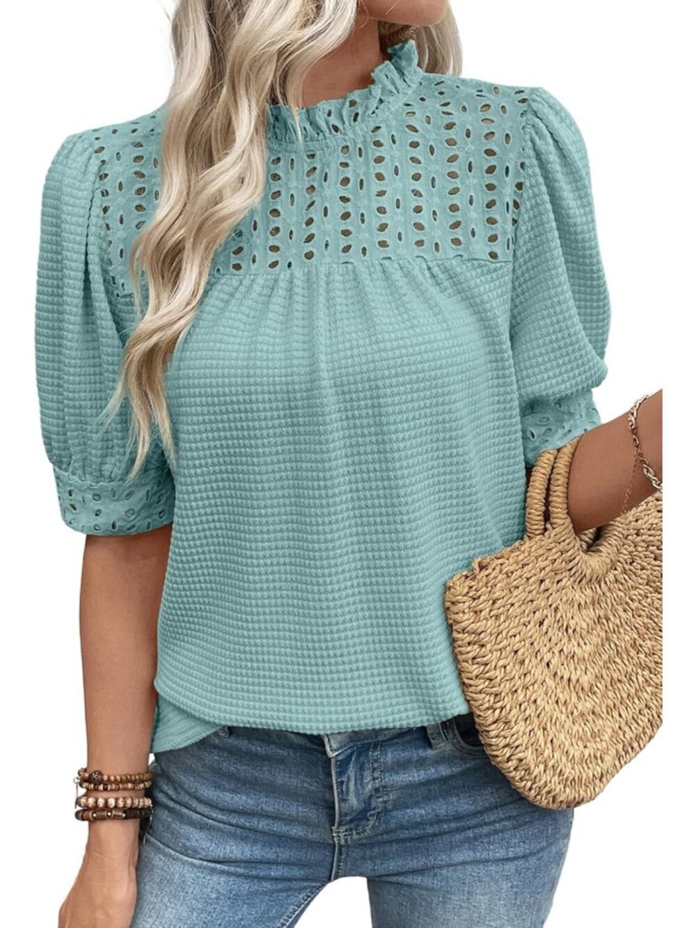 Womens Tops Blouses for Women Dressy Casual Waffle Frill Trim Eyelet Embroidery